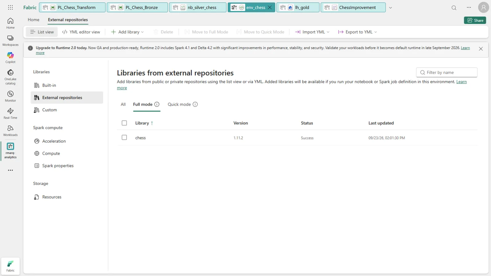 Fabric Environment env_chess with the chess library pinned