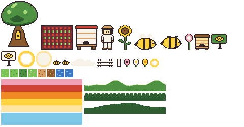 Waggle & Bloom reusable sprite, tile, and background asset sheet