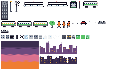 Second City reusable sprite, tile, and background asset sheet